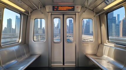 Inside a train, angle focusing on the doors with a view of the cityscape through the windows, natural light
