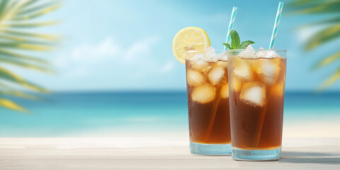 A glass of cola on the seaside in summer fresh breeze and travel vacation concept