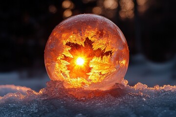 Sunset illuminated frozen orb with leaf motif sparkles in snowy landscape