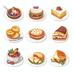 Assorted dessert pastries set, with cakes, stewed fruits, pie, and pancakes