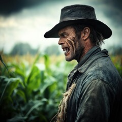 A haunting figure in a cornfield, blending horror and nature.