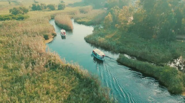 Aerial View of Winding Azmak River and Tour Boats - Akyaka Turkey