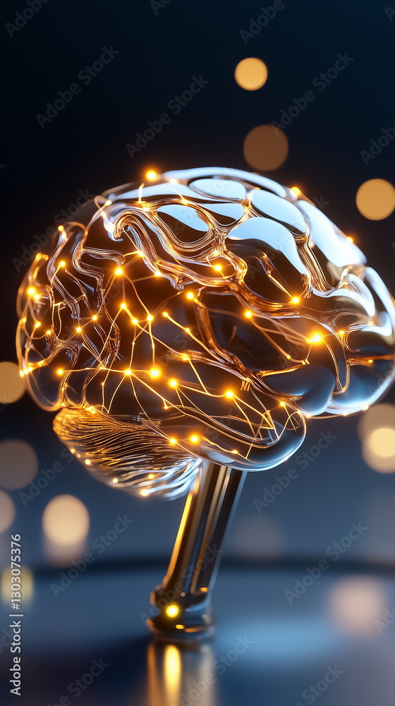 Poster an intricate design embodies an abstract ai network resembling a brain, illuminated by shimmering da
