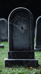 Fototapeta premium A haunting gravestone adorned with cobwebs in a serene graveyard.