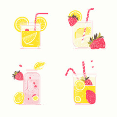 Fruity summer drinks with lemons and strawberries on white background
