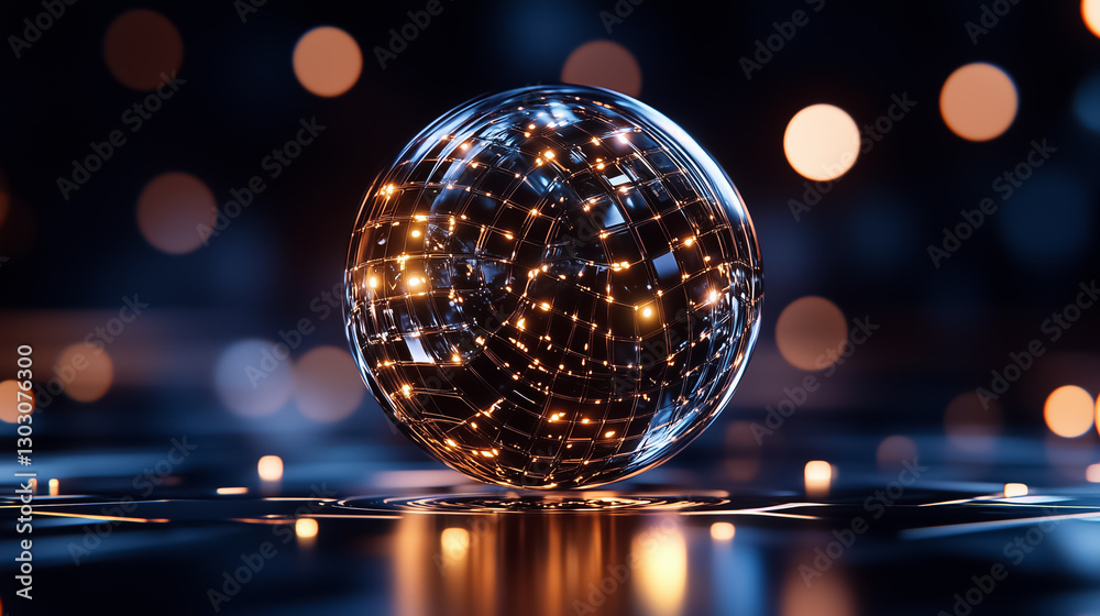Fototapete A spherical structure visualizes a data matrix, exhibiting constantly shifting patterns that create a captivating and vibrant display. Light reflects dynamically from its surface