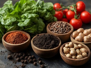 Assortment of Fresh Vegetables and Spices on Wooden Surfaces