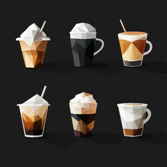 Geometric coffee drinks: Iced coffee, latte and cappuccino art pieces