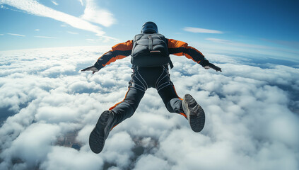 Skydiving adventure, Man soaring through fluffy clouds with confidence