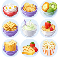Assorted Snacks and Desserts in Bowls Illustration Set for Food Designs