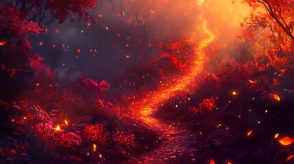 Naklejka premium Enchanted Autumn Path: A Digital Painting of a Mystical Forest Trail