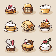 Assorted Cute Cartoon Dessert Pastries Illustrations on Cream Background