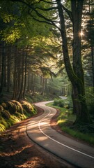 Obraz premium Serene Forest Path Sunlit Winding Road, Green Canopy, Nature Photography