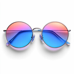 Fototapeta premium Stylish round sunglasses with vibrant blue and pink lenses for summer isolated on white background