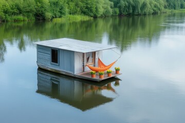 Obraz premium Serene Houseboat Living - Freedom and Tranquility on the Water