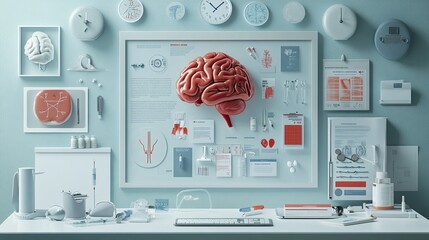 Medical Study Display Featuring Brain Models and Scientific Equipment
