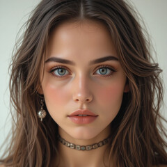 Obraz premium Beautiful young woman gazes intently, her captivating eyes and flowing brown hair radiating natural elegance and charm