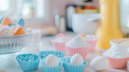 Colorful baking cupcakes with frosting and pastry on a kitchen countertop
