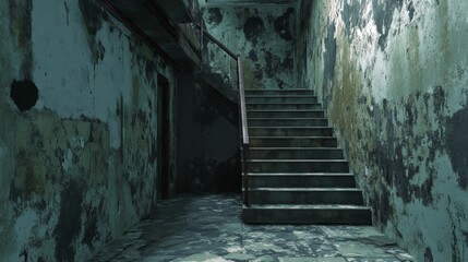 Fototapeta premium Derelict staircase dark ambiance peeling paint shadows.