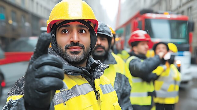 Emergency response team in rain gear stands ready for action in urban setting