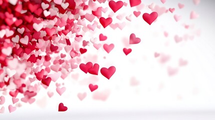 Love Valentine's background with pink falling hearts over white. Valentine's Day background with red and pink hearts on a white background