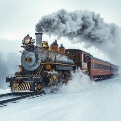 Obraz premium Majestic steam train chugs through snowy landscape