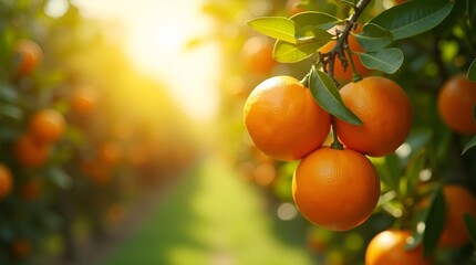 Orange Grove at Sunset – Fresh Citrus Fruit on Tree in Golden Light