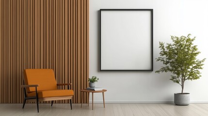 Minimalist interior with orange armchair, wooden wall, blank frame, and potted plant