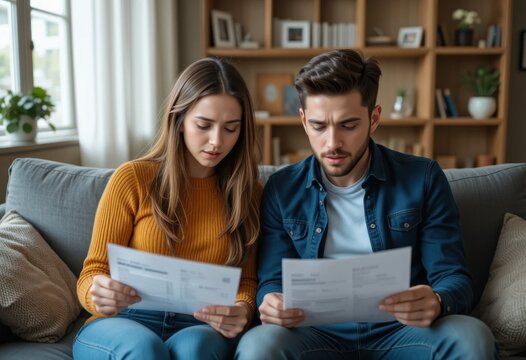 Contemplative young couple reviewing financial documents on living room sofa