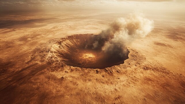 A barren desert landscape showing the aftermath of a meteorite impact, with a massive crater and smoke rising into the sky, highlighting nature's destructive force.