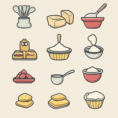 Kitchen cartoon flatlay with cooking tools and ingredients, vector illustration