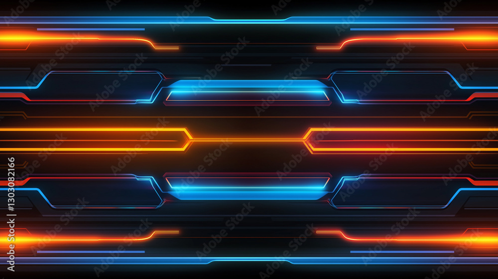 Poster a futuristic abstract background in a high-tech style in orange and blue colors. shining lines and p