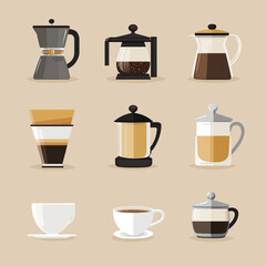 Assorted coffee brewing methods including Moka pot, French press and Pour Over