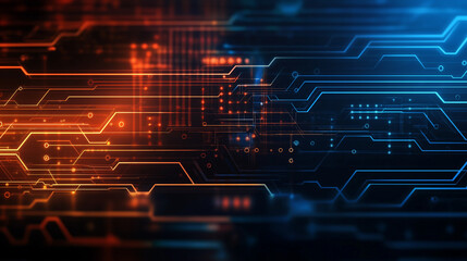 Naklejka premium A futuristic abstract background in a high-tech style in orange and blue colors. Shining lines and patterns resembling neural networks, connections, and digital circuits