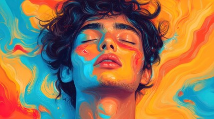Serene young man, eyes closed, face painted with vibrant blue, orange, and yellow swirls.