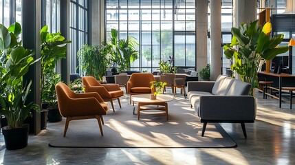 Fototapeta premium Modern Office Lounge with Abundant Greenery and Sunlight
