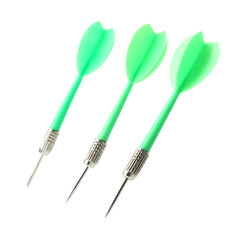 Green dart arrows in air isolated on white. Sports equipment