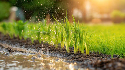 Fototapeta premium Soft rain nourishes freshly sown seeds, resulting in vibrant green shoots pushing through rich, wet soil. Spring sunlight bathes the garden as nature awakens, inviting growth