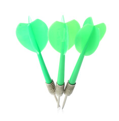 Green dart arrows in air isolated on white. Sports equipment