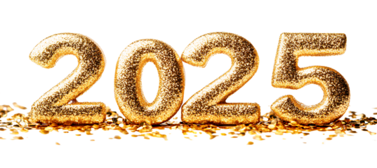 2025 written in golden glitter numbers, isolated on a Transparent background .png