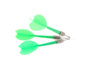 Green dart arrows isolated on white. Sports equipment
