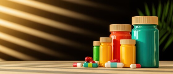 Vibrant pill vials pharmacy image sunlit environment glimmering drugs and chemotherapy