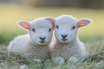 Obraz premium two adorable snow-white lambs lying on the grass. Their faces glow with kindness and innocence, and their fluffy wool seems incredibly soft. 