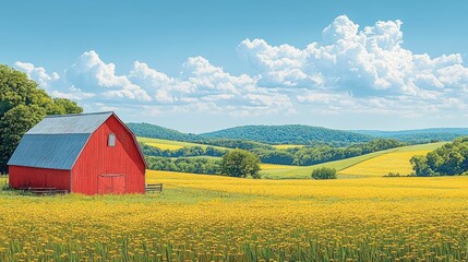 Obraz premium Red barn stands in vibrant yellow field under sunny sky.
