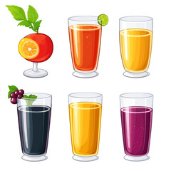 Assortment of colorful fruit juice glasses on a white background graphic