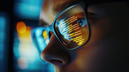 Close-Up Shot of Person's Face with Glasses Reflecting Code