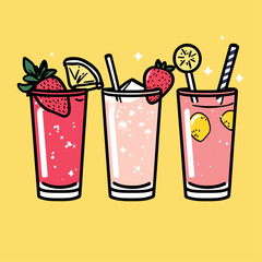 Strawberry Lemonade Drinks on Yellow Background for Summer Refreshments