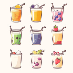 Colorful cartoon bubble tea drinks with fruit toppings and straws