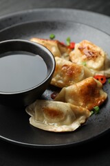 Fried gyoza dumplings with green onions, chili peppers and soy sauce on black table, closeup