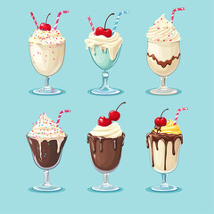 Assorted Flavored Milkshakes Topped with Cherries and Straws on Blue Backdrop